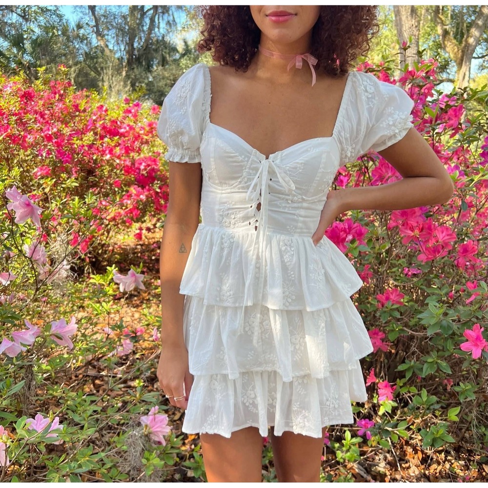 Altar'd State Mini Dress Women Medium White Eyelet Tiered Ruffle